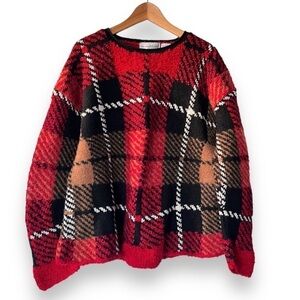 Vintage 90’s The Eagles Eye Red/Black Plaid Hand Knit Wool Oversized Sweater